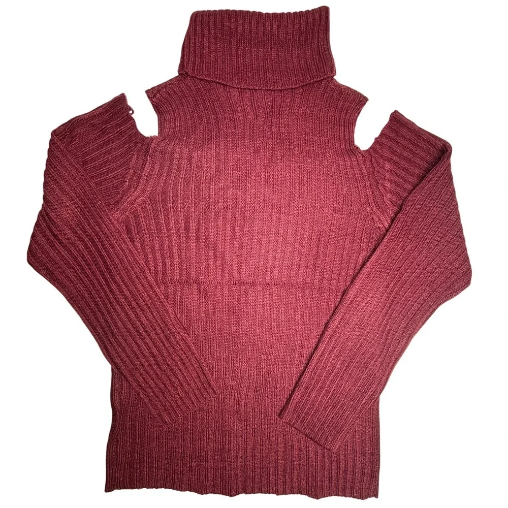 NWT Love by Chesley Burgundy Ribbed Cold Shoulder Turtleneck Sweater Size XL - Picture 2 of 4